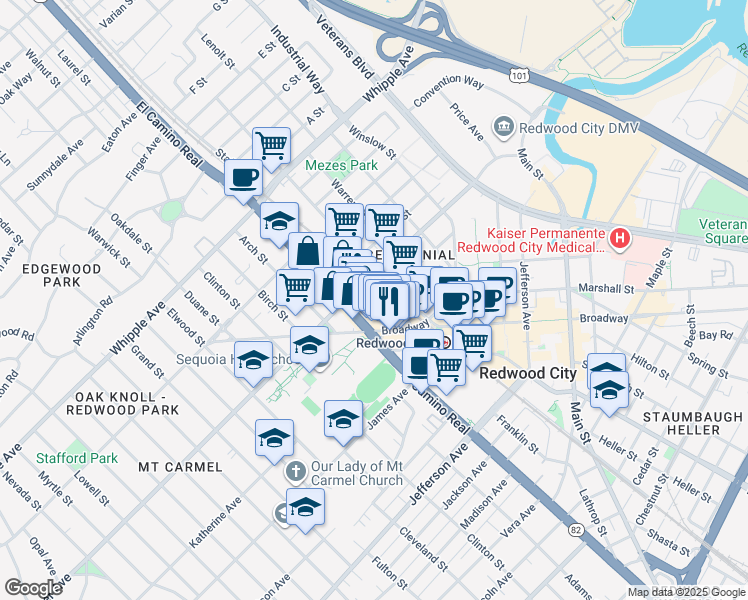 map of restaurants, bars, coffee shops, grocery stores, and more near 701 Arguello Street in Redwood City