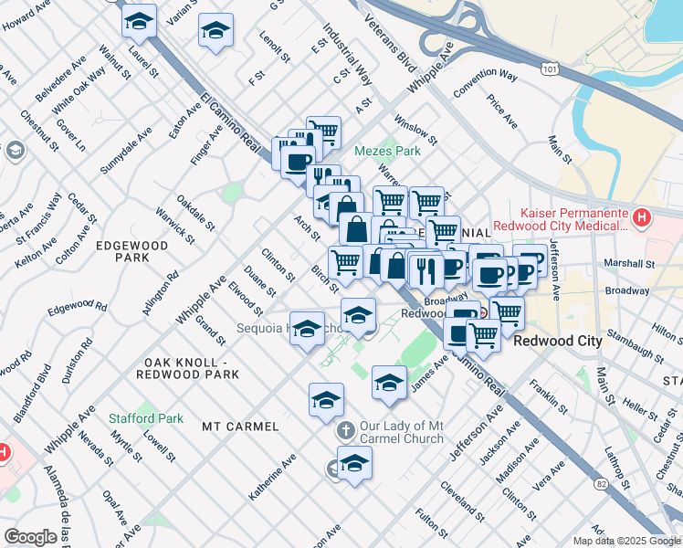 map of restaurants, bars, coffee shops, grocery stores, and more near 133 Arch Street in Redwood City