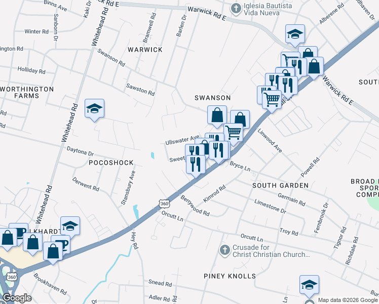 map of restaurants, bars, coffee shops, grocery stores, and more near 5717 Ullswater Avenue in Richmond