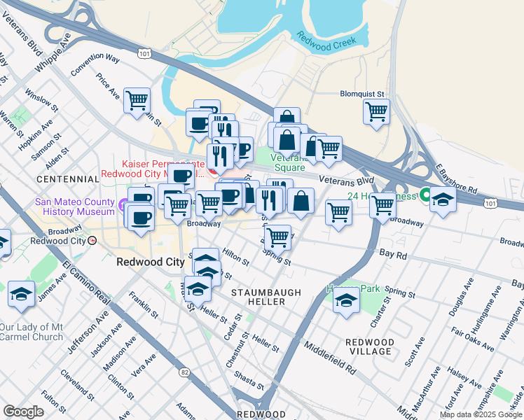 map of restaurants, bars, coffee shops, grocery stores, and more near 1050 Beech Street in Redwood City