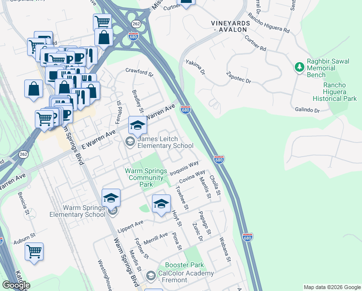 map of restaurants, bars, coffee shops, grocery stores, and more near 47267 Yucatan Drive in Fremont