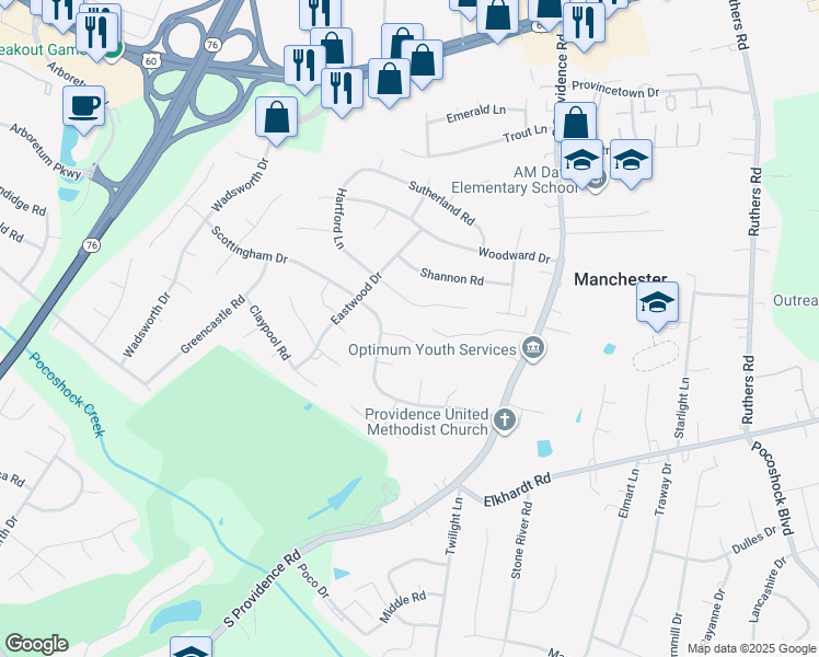 map of restaurants, bars, coffee shops, grocery stores, and more near 840 Hartford Lane in Richmond