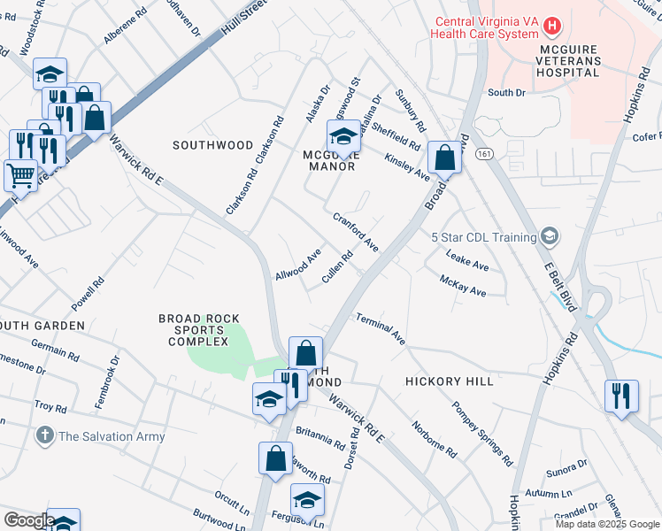 map of restaurants, bars, coffee shops, grocery stores, and more near 2210 Cullen Road in Richmond