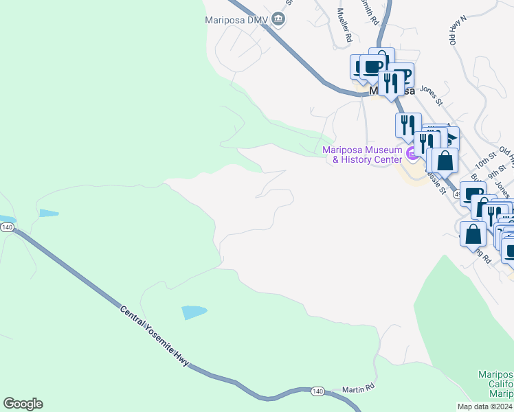 map of restaurants, bars, coffee shops, grocery stores, and more near 5119 Bumguardner Mountain Road in Mariposa
