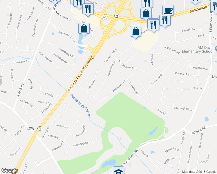 map of restaurants, bars, coffee shops, grocery stores, and more near 8700 Wadsworth Court in Richmond