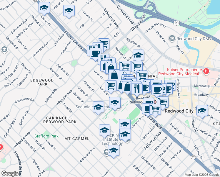 map of restaurants, bars, coffee shops, grocery stores, and more near 140 Arch Street in Redwood City