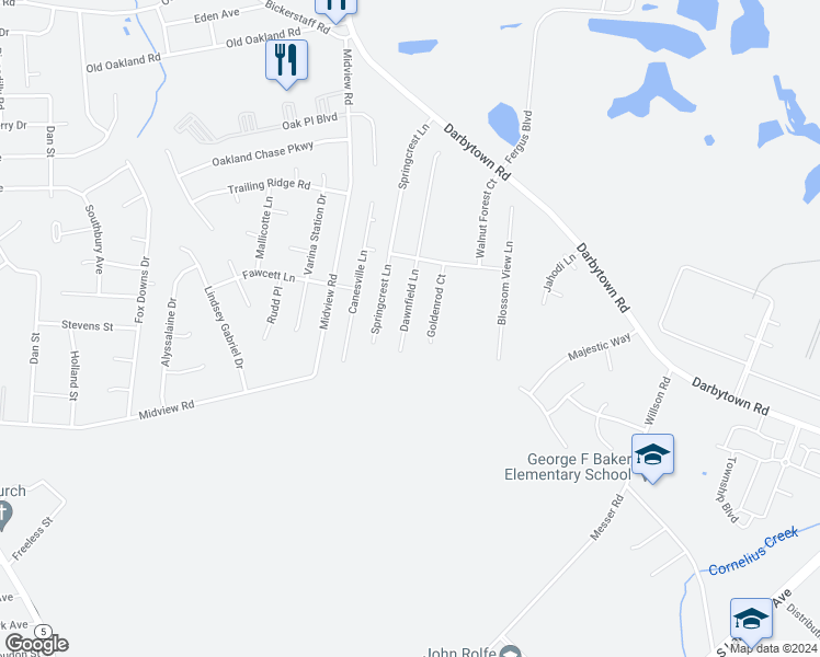 map of restaurants, bars, coffee shops, grocery stores, and more near 6449 Dawnfield Lane in Richmond