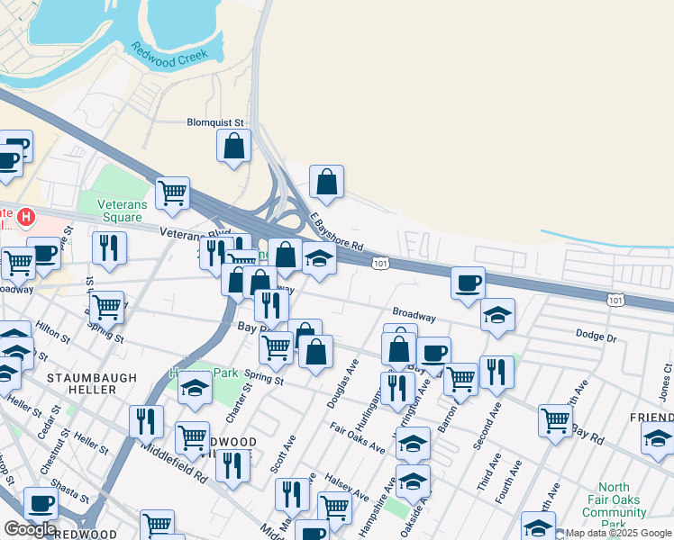 map of restaurants, bars, coffee shops, grocery stores, and more near 1757 East Bayshore Road in Redwood City