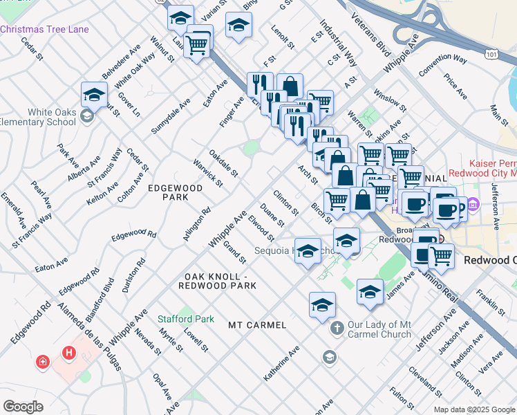 map of restaurants, bars, coffee shops, grocery stores, and more near 1305 Whipple Avenue in Redwood City