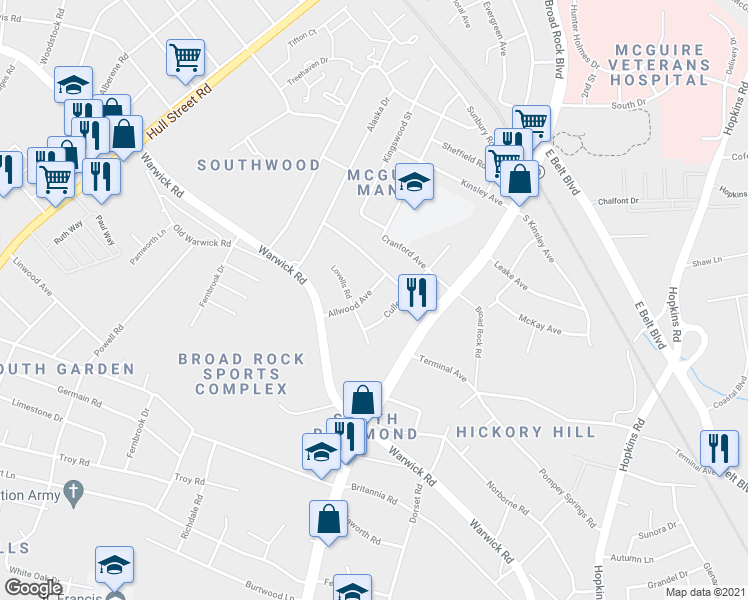 map of restaurants, bars, coffee shops, grocery stores, and more near 2110 Allwood Avenue in Richmond