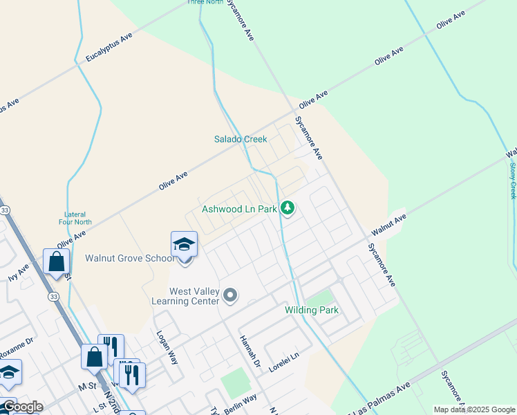 map of restaurants, bars, coffee shops, grocery stores, and more near 801 Ashwood Lane in Patterson