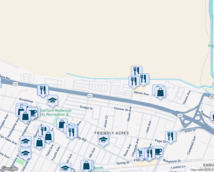 map of restaurants, bars, coffee shops, grocery stores, and more near 3015 East Bayshore Road in Redwood City