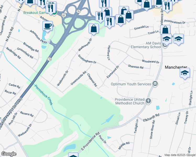 map of restaurants, bars, coffee shops, grocery stores, and more near 8609 Eastwood Court in Richmond