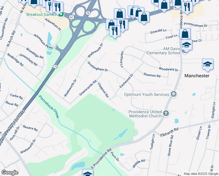 map of restaurants, bars, coffee shops, grocery stores, and more near 8609 Eastwood Court in Richmond