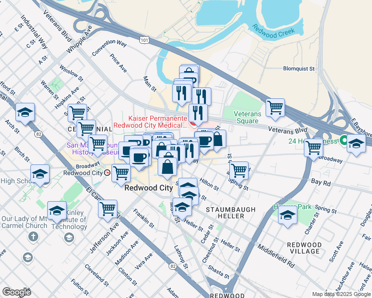map of restaurants, bars, coffee shops, grocery stores, and more near 1001 Marshall Street in Redwood City