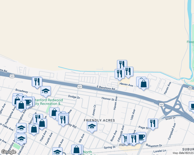 map of restaurants, bars, coffee shops, grocery stores, and more near Rose Ave in Redwood City