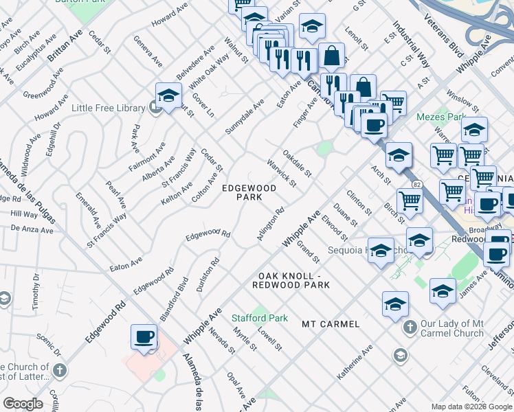 map of restaurants, bars, coffee shops, grocery stores, and more near 153 Somerset Street in Redwood City
