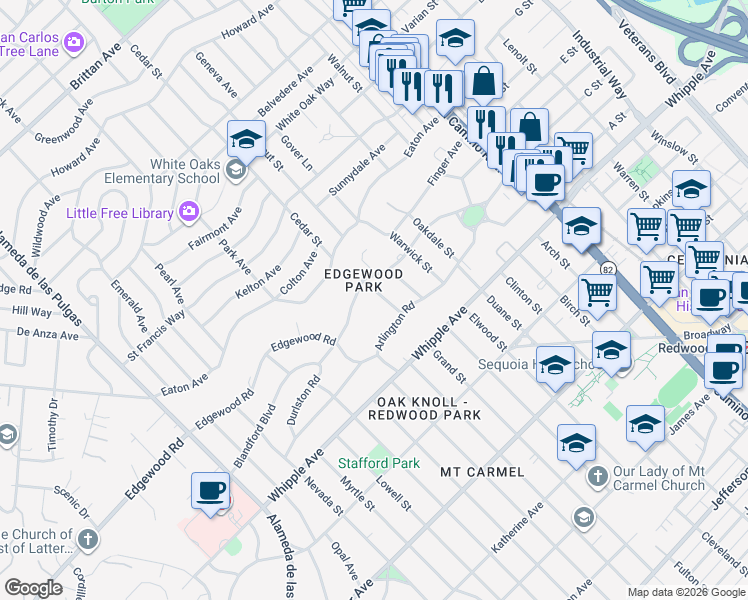 map of restaurants, bars, coffee shops, grocery stores, and more near 153 Somerset Street in Redwood City