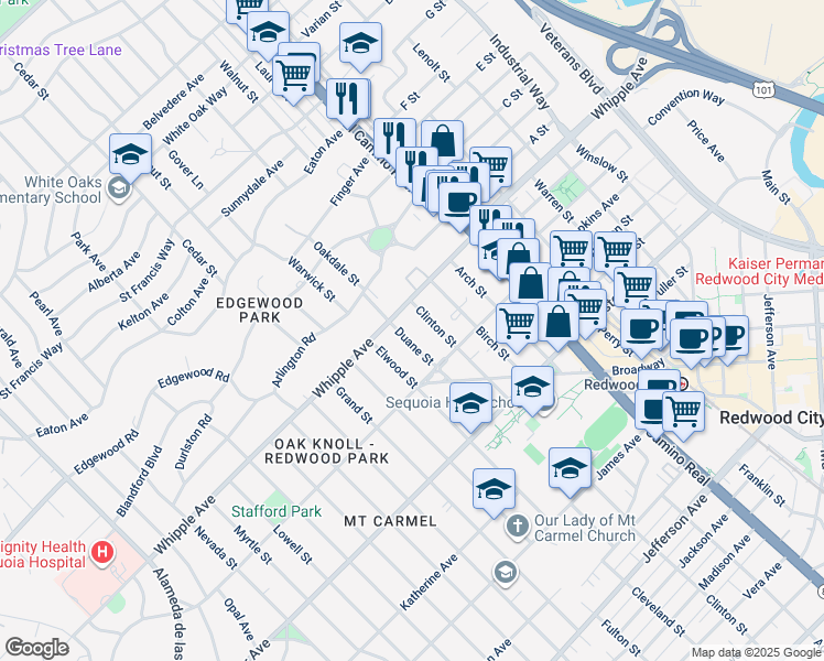 map of restaurants, bars, coffee shops, grocery stores, and more near 1305 Whipple Avenue in Redwood City