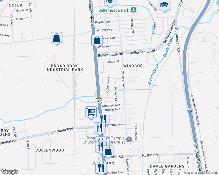 map of restaurants, bars, coffee shops, grocery stores, and more near 2445 Columbia Street in Richmond