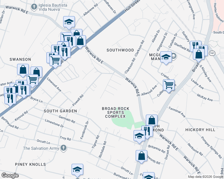 map of restaurants, bars, coffee shops, grocery stores, and more near 5010 Fernbrook Terrace in Richmond