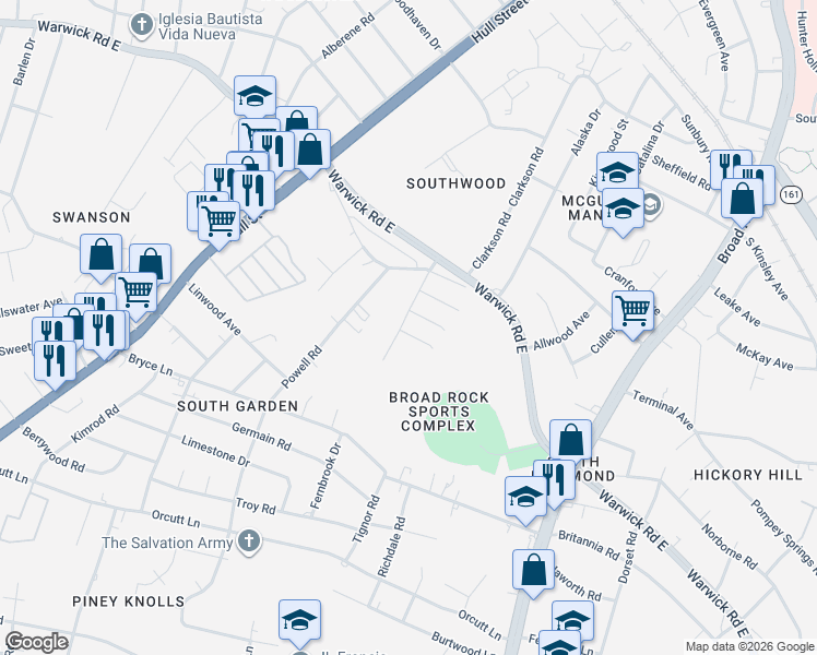 map of restaurants, bars, coffee shops, grocery stores, and more near 1800 Fernbrook Drive in Richmond