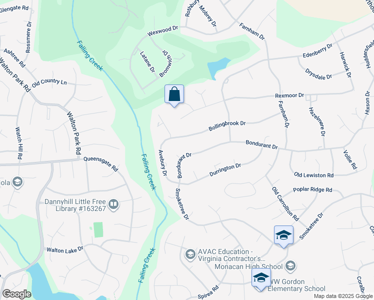 map of restaurants, bars, coffee shops, grocery stores, and more near 11920 Bondurant Drive in Chesterfield County