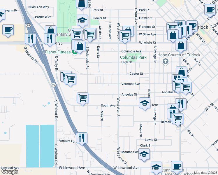 map of restaurants, bars, coffee shops, grocery stores, and more near 916 Vermont Avenue in Turlock