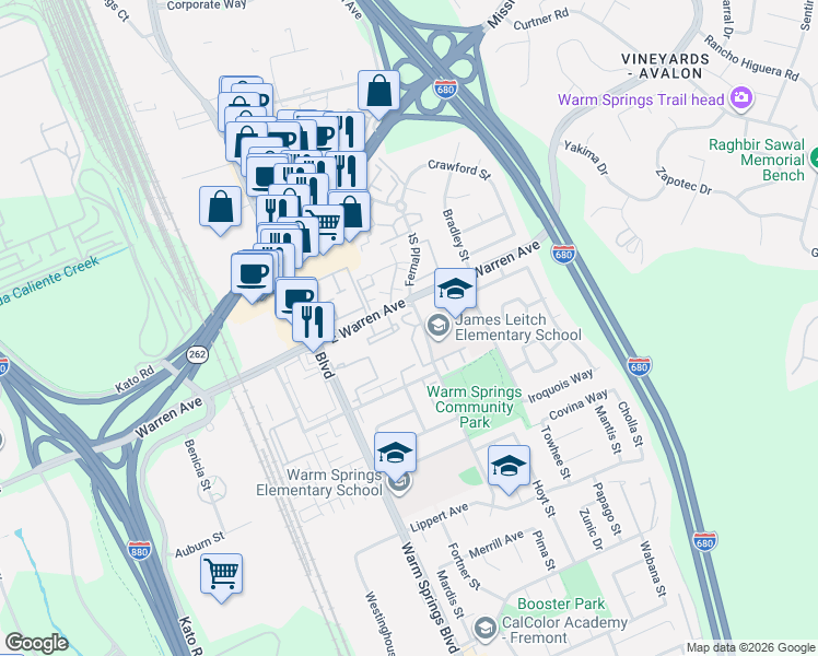 map of restaurants, bars, coffee shops, grocery stores, and more near 326 Stacey Common in Fremont