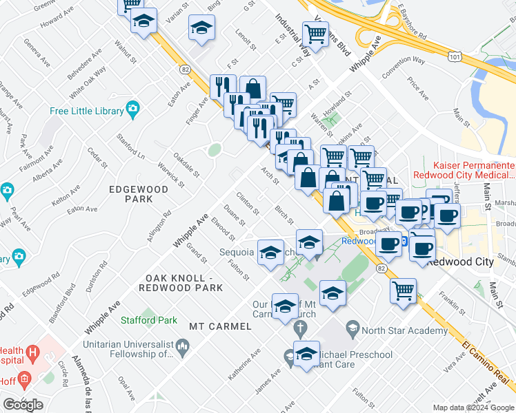 map of restaurants, bars, coffee shops, grocery stores, and more near 87 Clinton Street in Redwood City