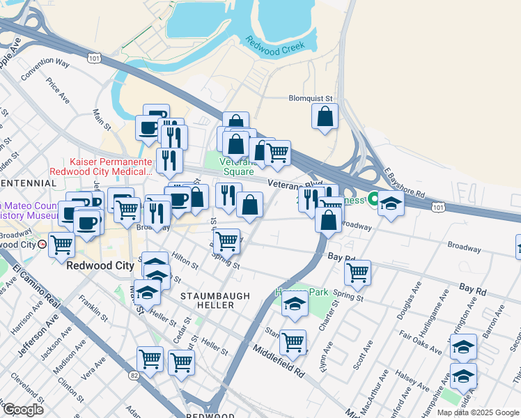map of restaurants, bars, coffee shops, grocery stores, and more near 1575 Marshall Street in Redwood City
