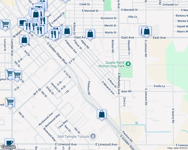 map of restaurants, bars, coffee shops, grocery stores, and more near 1000 South Minaret Avenue in Turlock