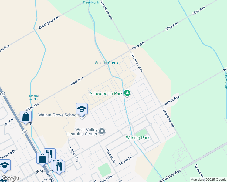 map of restaurants, bars, coffee shops, grocery stores, and more near 805 Ashwood Lane in Patterson