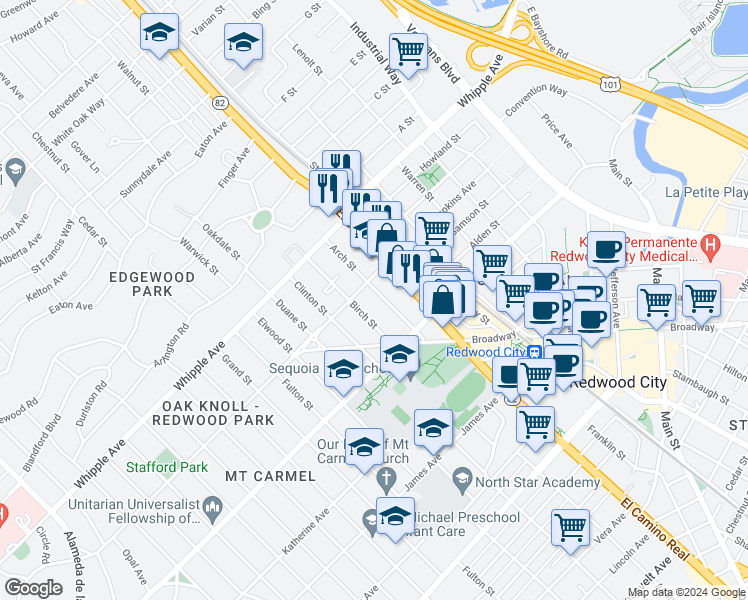 map of restaurants, bars, coffee shops, grocery stores, and more near 133 Arch Street in Redwood City