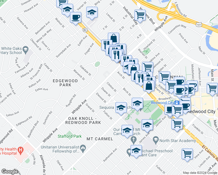 map of restaurants, bars, coffee shops, grocery stores, and more near 43 Clinton Street in Redwood City