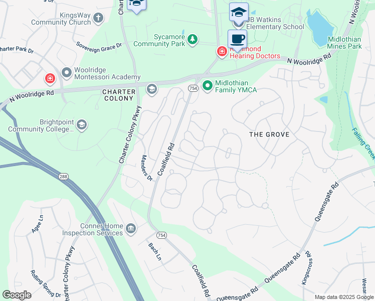 map of restaurants, bars, coffee shops, grocery stores, and more near 13918 Krim Point Road in Midlothian