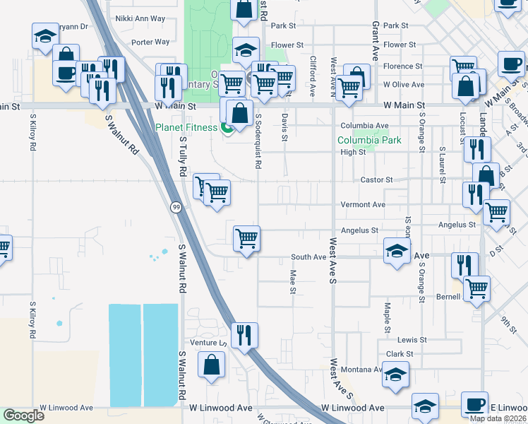 map of restaurants, bars, coffee shops, grocery stores, and more near 1170 Vermont Avenue in Turlock