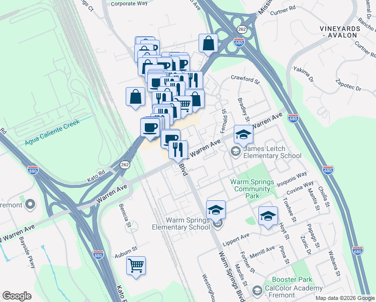 map of restaurants, bars, coffee shops, grocery stores, and more near 93 Shaniko Common in Fremont