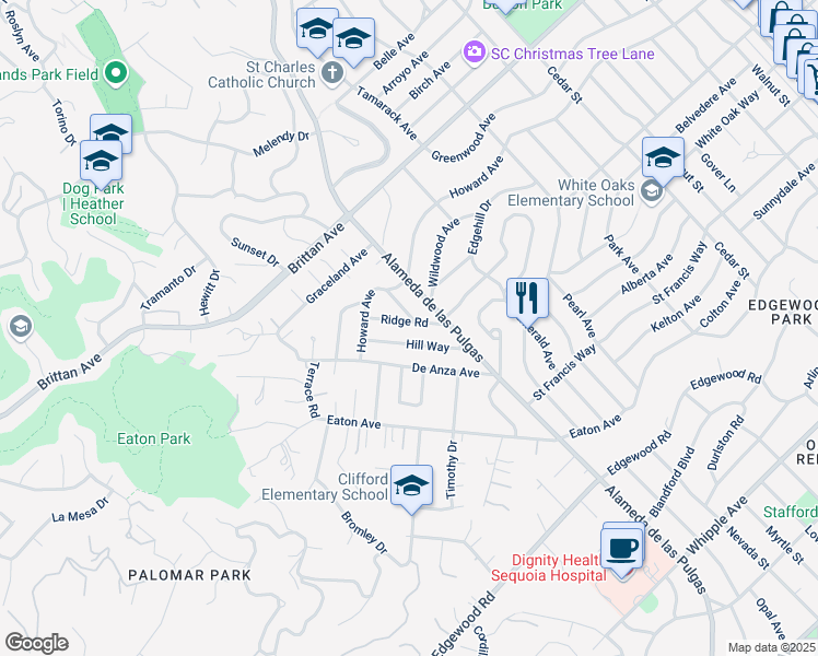 map of restaurants, bars, coffee shops, grocery stores, and more near 376 Ridge Road in San Carlos