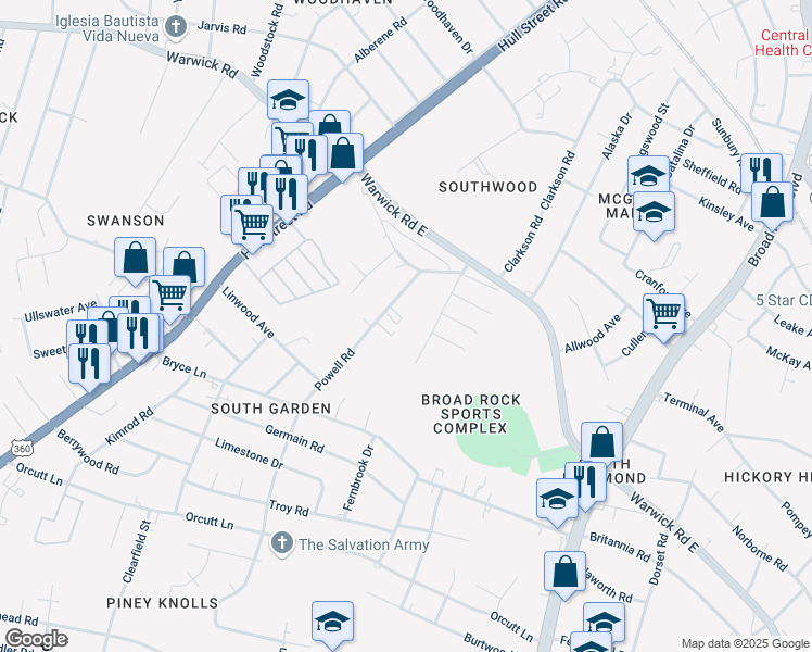 map of restaurants, bars, coffee shops, grocery stores, and more near 1835 Powell Road in Richmond