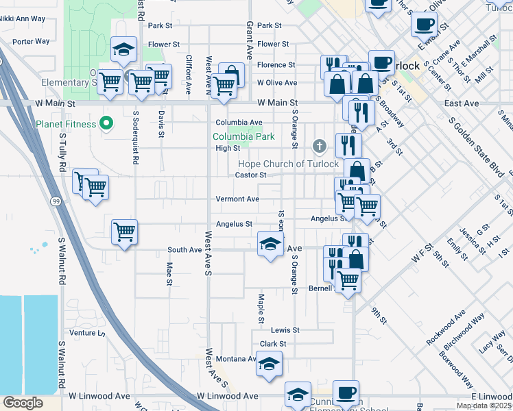 map of restaurants, bars, coffee shops, grocery stores, and more near 558 Vermont Avenue in Turlock