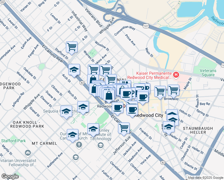 map of restaurants, bars, coffee shops, grocery stores, and more near 500 Arguello Street in Redwood City