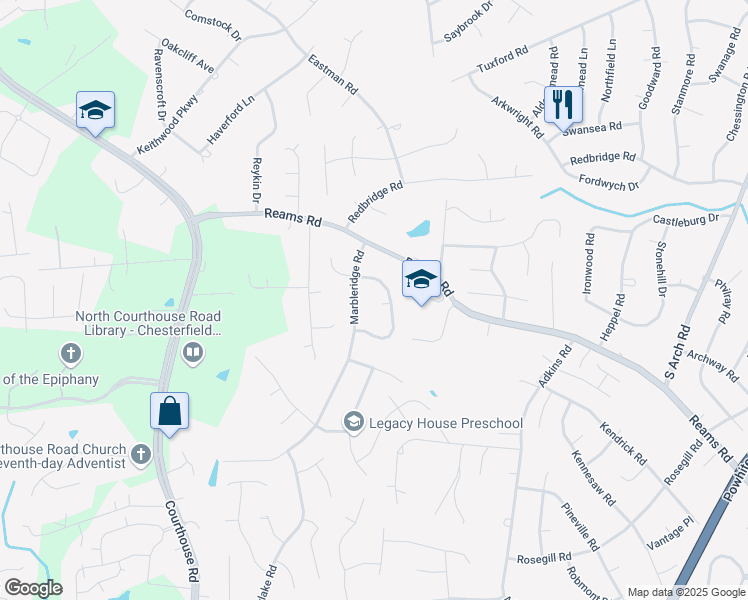 map of restaurants, bars, coffee shops, grocery stores, and more near 10302 Brickland Court in Richmond