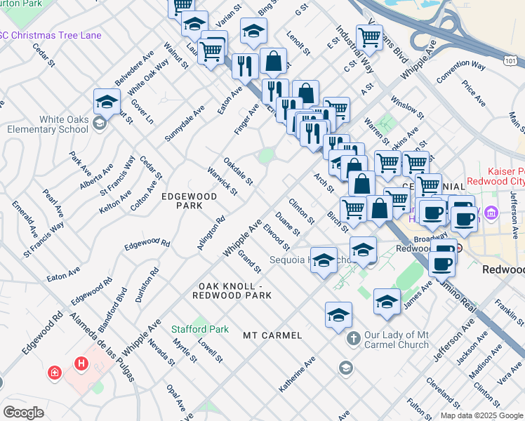 map of restaurants, bars, coffee shops, grocery stores, and more near 1400 Whipple Avenue in Redwood City