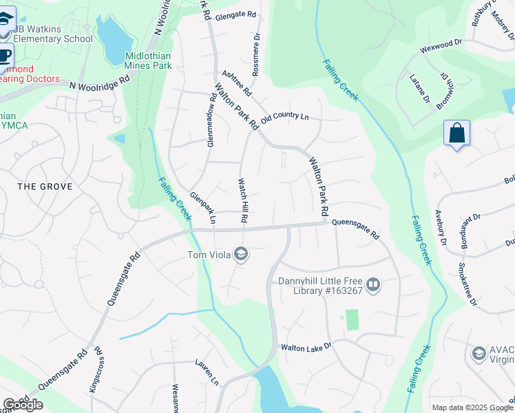 map of restaurants, bars, coffee shops, grocery stores, and more near 12902 Glenshade Drive in Midlothian