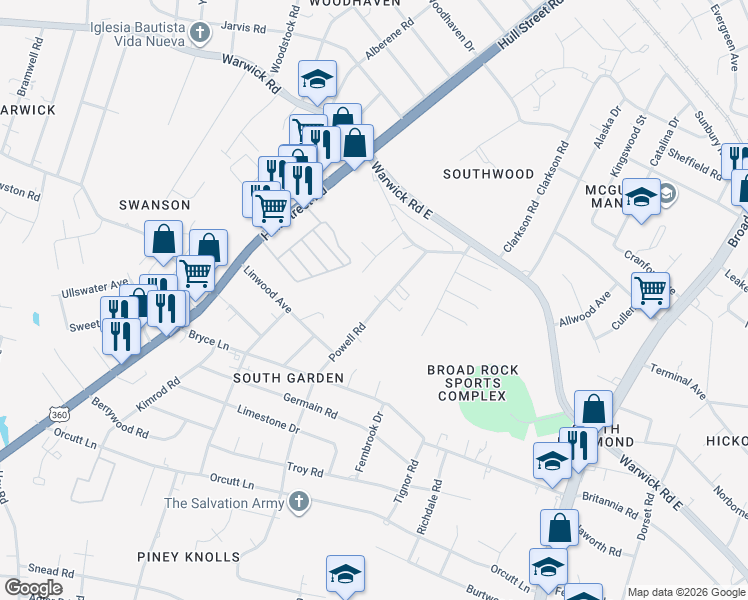 map of restaurants, bars, coffee shops, grocery stores, and more near 1854 Powell Road in Richmond