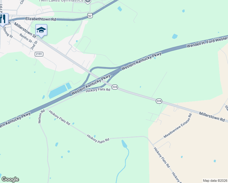map of restaurants, bars, coffee shops, grocery stores, and more near 2 Hickory Flats Road in Leitchfield
