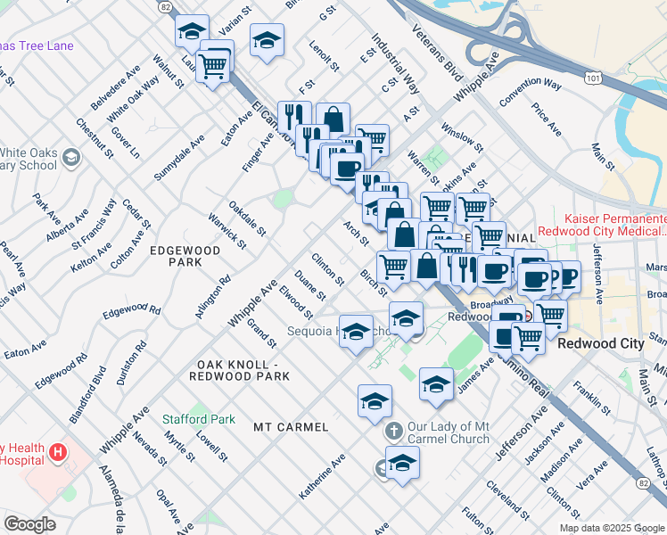 map of restaurants, bars, coffee shops, grocery stores, and more near 65 Clinton Street in Redwood City
