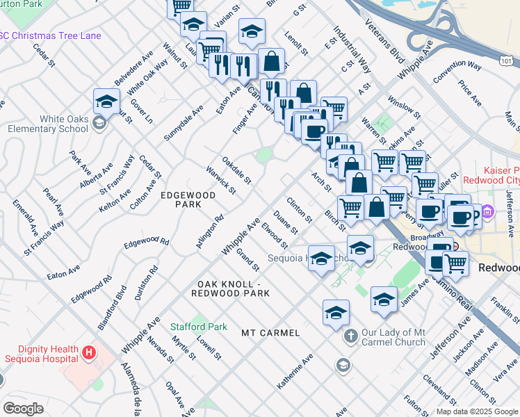 map of restaurants, bars, coffee shops, grocery stores, and more near 1400 Whipple Avenue in Redwood City