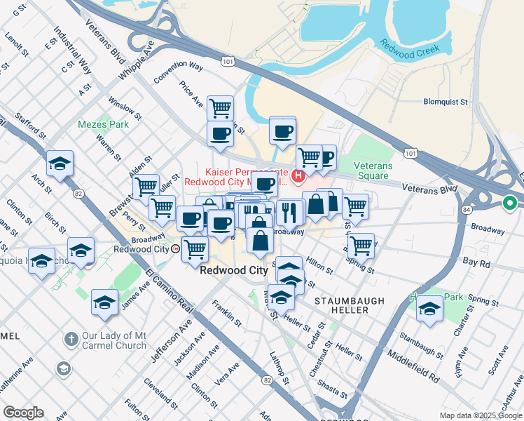 map of restaurants, bars, coffee shops, grocery stores, and more near 825 Marshall Street in Redwood City